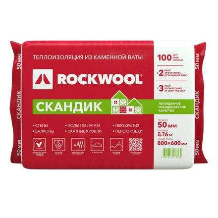 Утеплитель Rockwool Лайт Баттс Скандик (800х600х50мм, 12 плит, 5.76м2, 0.288м3)
